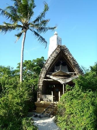 Eco friendly structural design of thatch roof bungalows and historic lighthouse tower on Chumbe Island